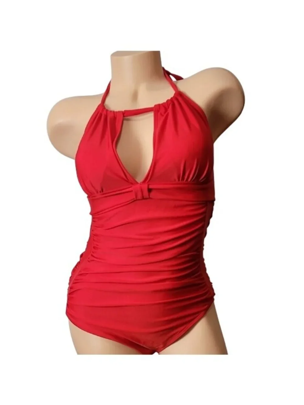 Smismivo Red Halter One-Piece Swimsuit With Ruched Front & Bow Detail - Picture 6 of 16
